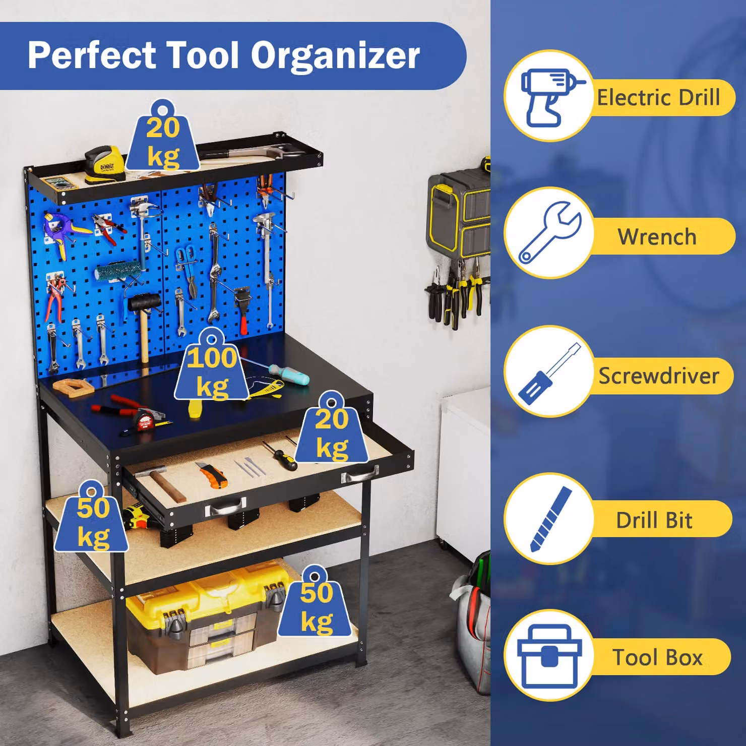 Costway Heavy-Duty Metal Workbench with 2 Pegboards, Blue, W: 81 cm, D: 41 cm, H: 156 cm – 5