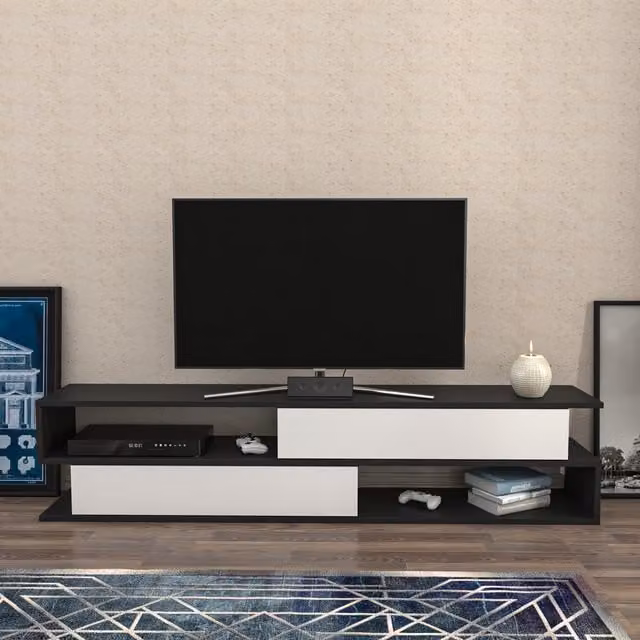 Decorotika Cortez Modern Geometric TV Unit in Anthracite, White and Silver