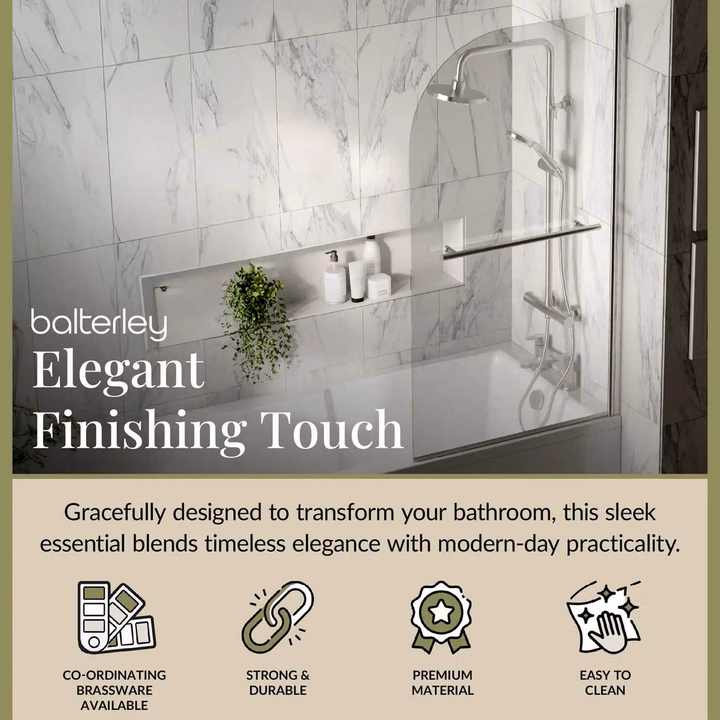 Balterley 6mm Clear Glass Reversible Shower Screen and Towel Rail with Chrome Finish, W: 79 cm, H: 143 cm – 2
