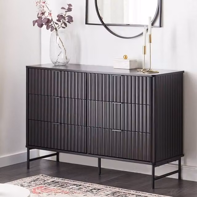 Wyld and Coco 6-Drawer Black Fluted Chest with Metal Legs
