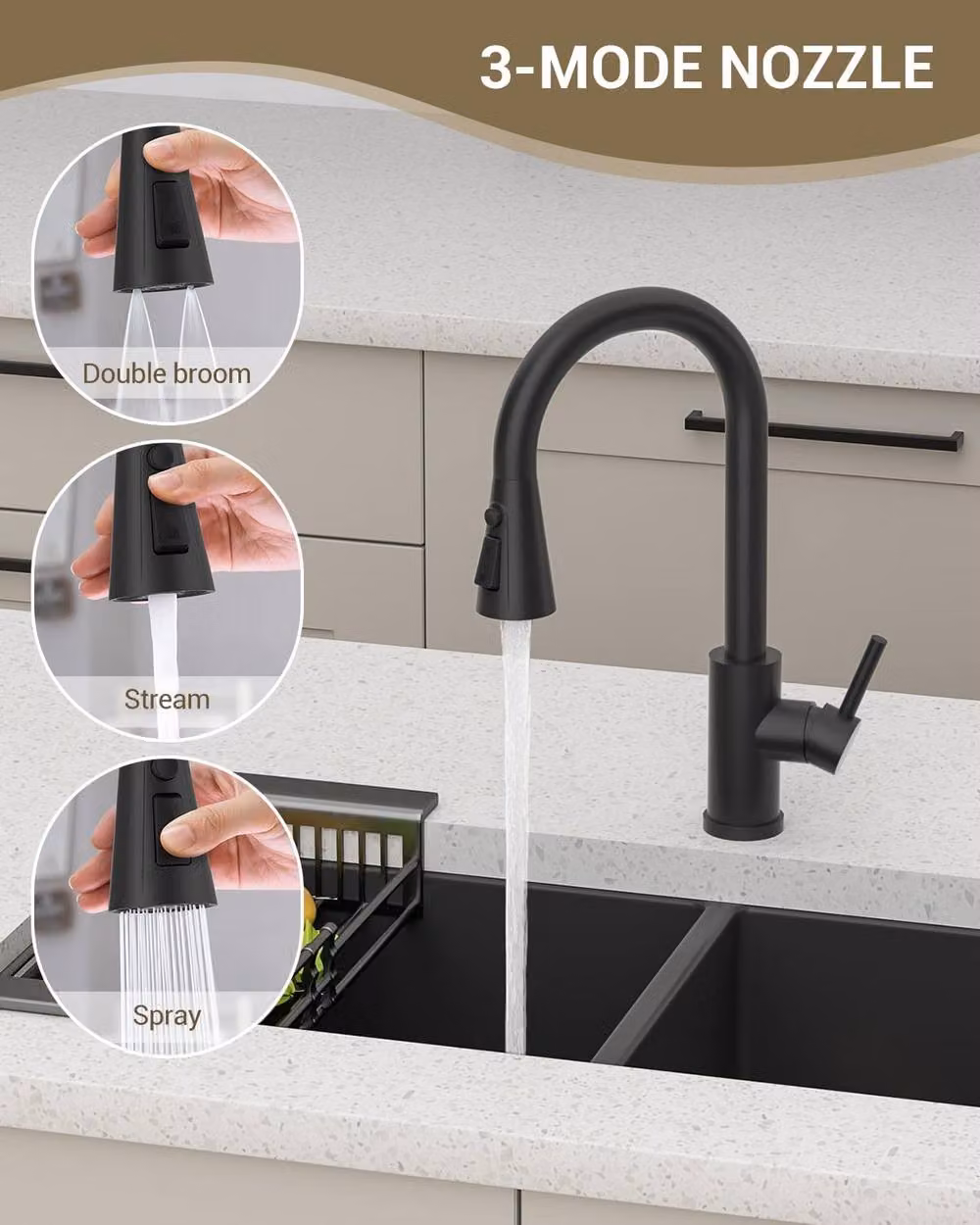 JANLEMNY Matte Black Stainless Steel Pull-Out Kitchen Mixer Tap with 3-Function Spray and Swivel Spout – 2