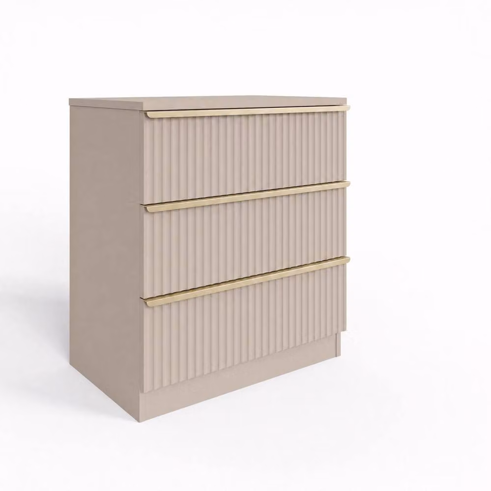 FWStyle Ripple Effect Beige 3 Drawer Chest of Drawers with Scalloped Fronts and Gold Accents – 3