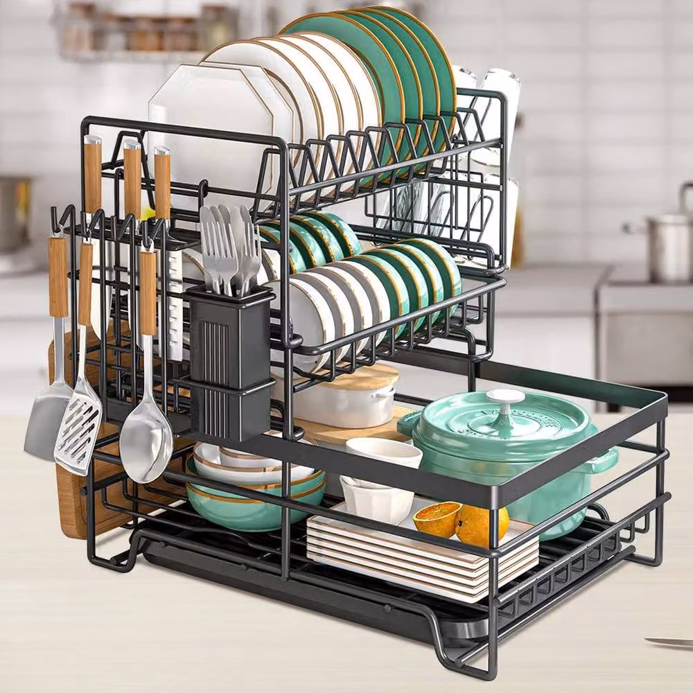 PAWNORA 3 Tier Metal Kitchen Dish Drainer Rack with Drip Tray and Cutlery Holder, Black – 8