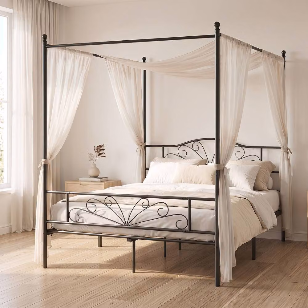 HOMCOM Black Metal Canopy Bed Frame, Double Size, 140 x 200 cm – 2