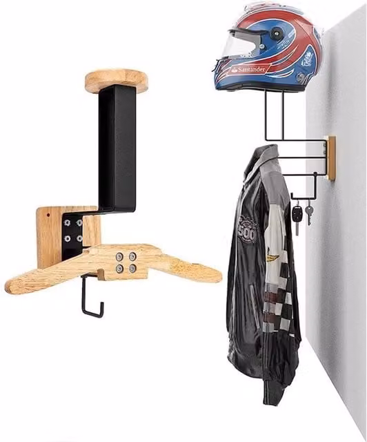 VOGREX Black Wooden and Stainless Steel Wall Mounted Motorcycle Helmet Storage Rack – 1