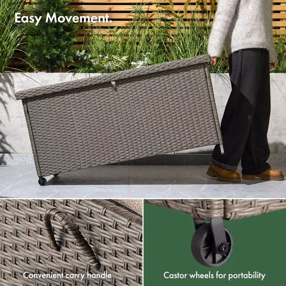 NESTLUNE Grey Rattan Garden Storage Box with Castors, 290L, W: 100 cm, D: 15 cm, H: 15 cm – 5