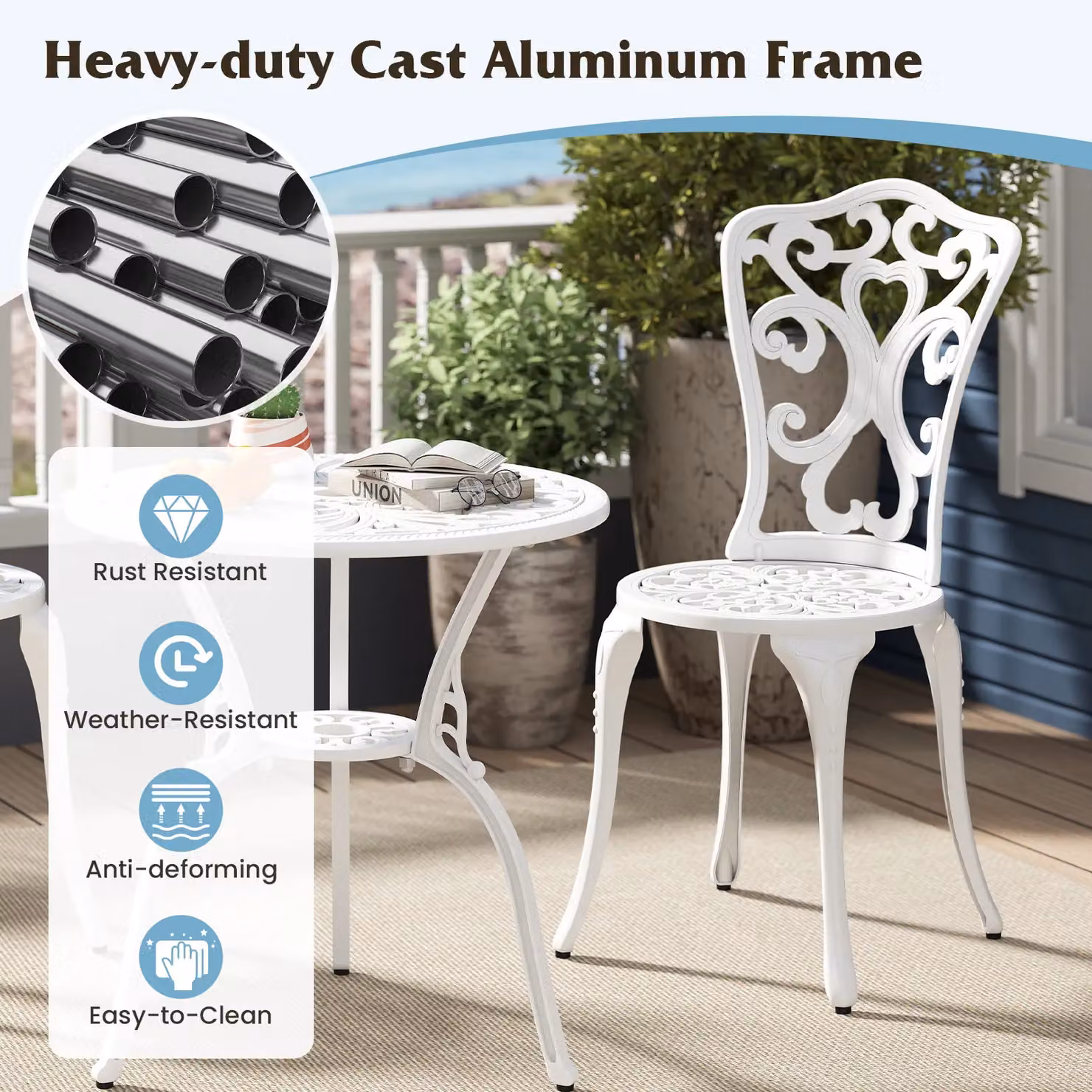 Costway 3 Piece Cast Aluminium All Weather Bistro Set in White – 5