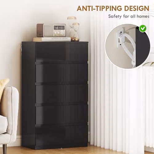 HOMCOM 5-Drawer Glossy Black Chest of Drawers with Soft-Close Drawers – 5