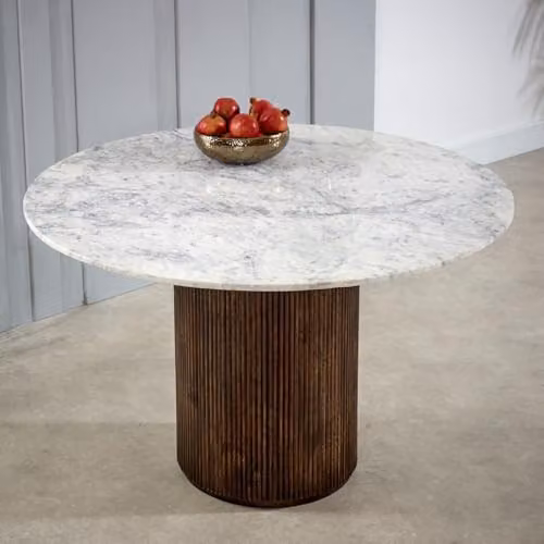 Indian Hub Opal Round Dining Table with White Marble Top and Mango Wood Base, W: 120 cm, D: 120 cm, H: 76 cm – 2