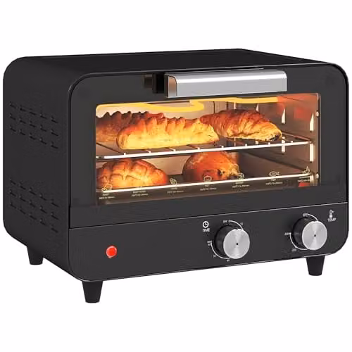 HOMCOM 12L Multifunction Mini Countertop Toaster Oven with Grill and Glass Door, Black