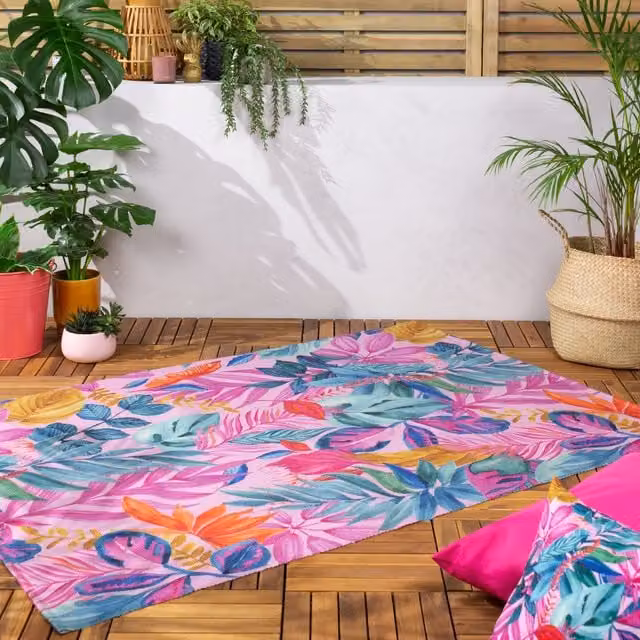 Psychedelic Jungle Washable Outdoor Rug in Pink and Multicolour, Rectangular Flat Weave Polyester Floral Boho Design