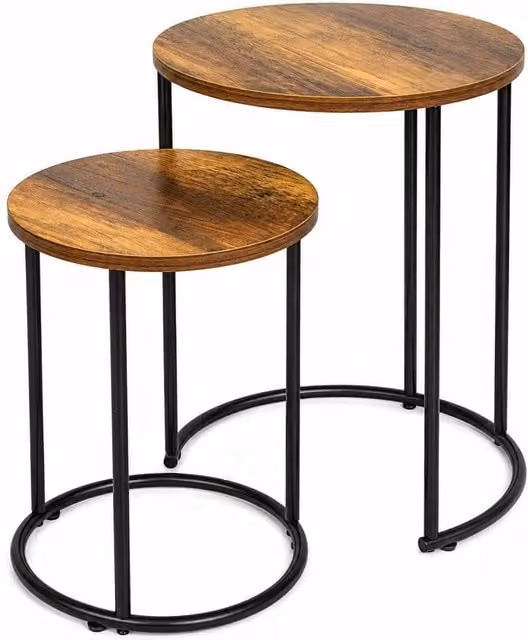 SPOT ON DEALZ Round Nest of 2 Coffee Tables with Light Oak Effect MDF Tops and Black Metal Frame – 1