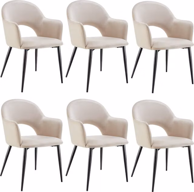 Tectake Sachel Dining Chair Set of 6, Beige Velvet Fabric Armchair with Metal Frame