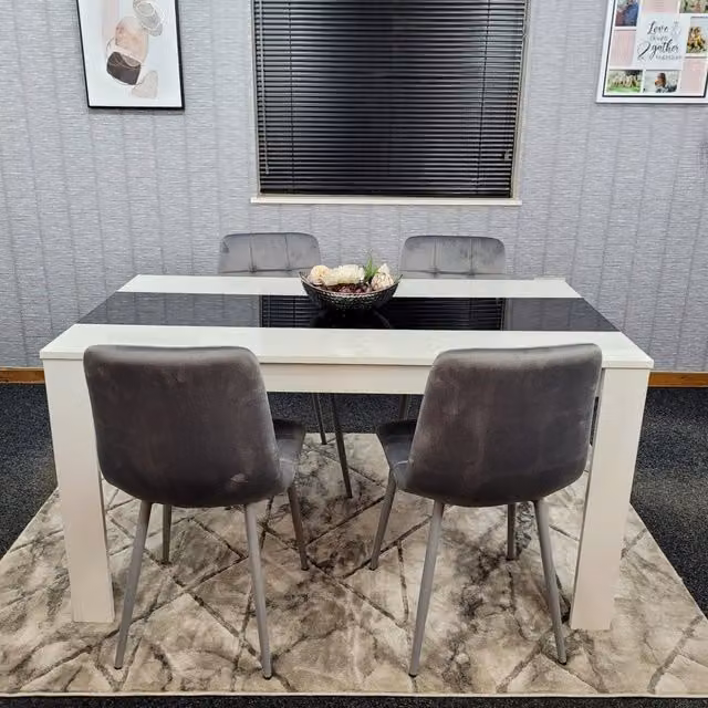 Kosy Koala Modern Dining Set with Rectangular White Glossy Table and 4 Grey Tufted Velvet Chairs
