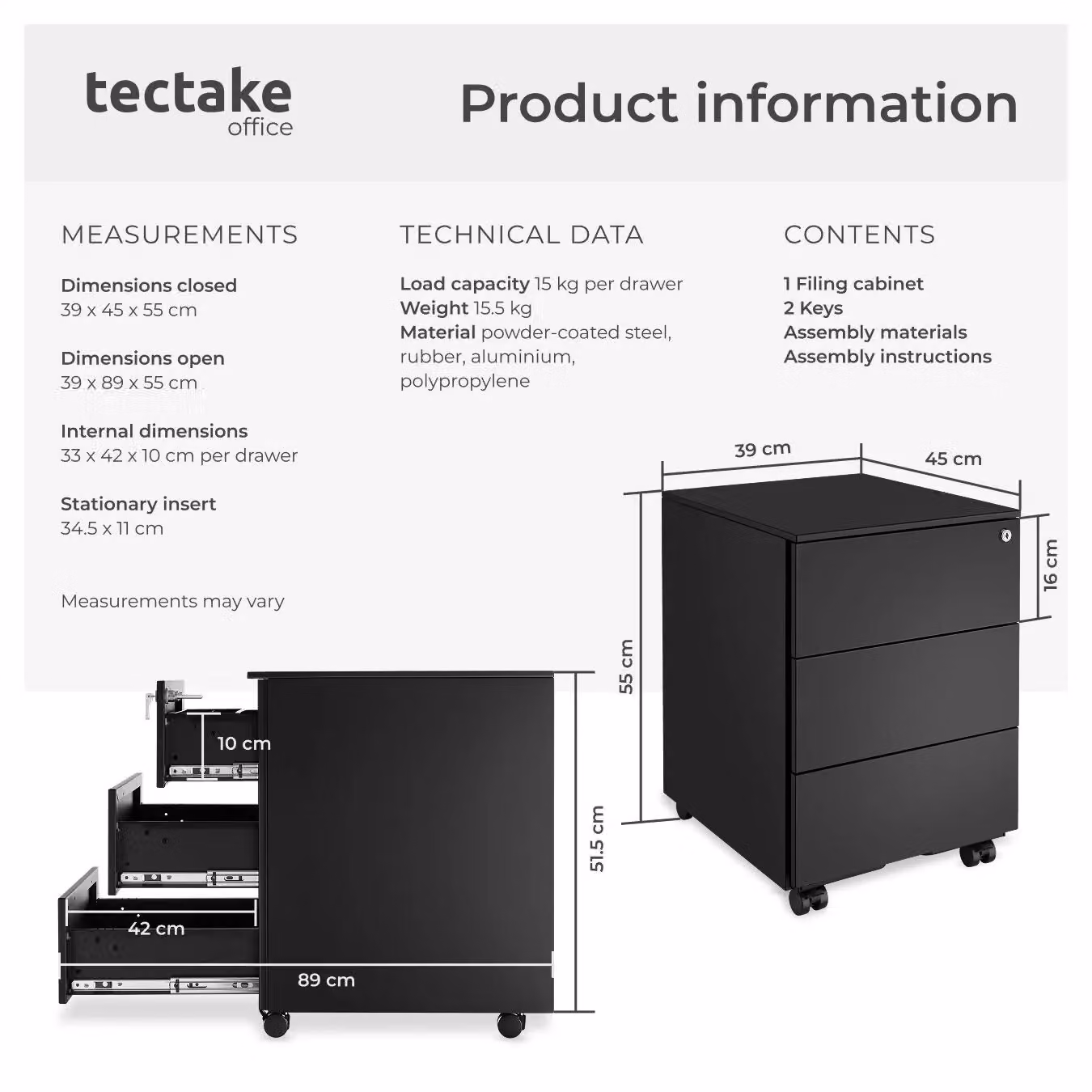 tectake Magna Modern Black Metal Chest of Drawers with Lock and Castors – 6