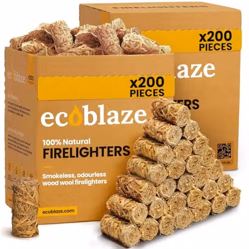 Ecoblaze 400 Natural Wood Firelighters, 2 x 200 Count Box, Odourless Long Burning Starters for Log Burners, Fire Pits and BBQs – 1