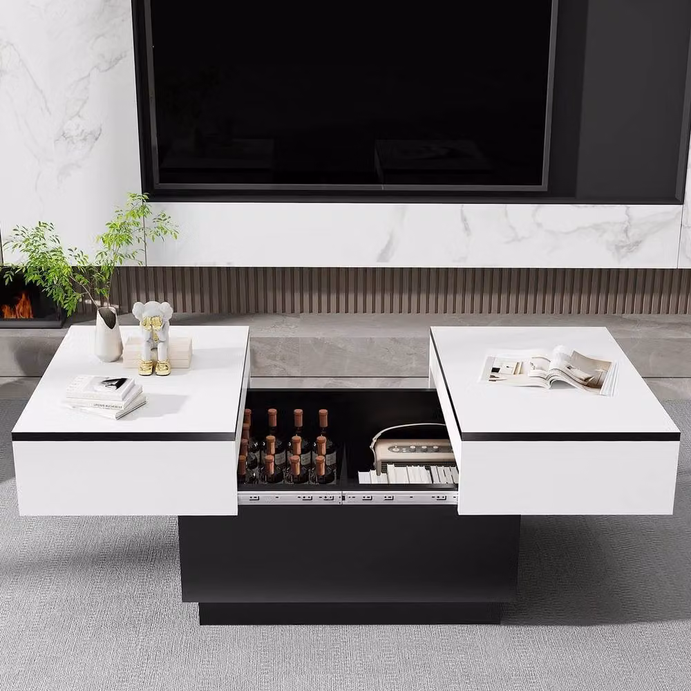 NESTLUNE Extendable Wooden Coffee Table with LED Lighting and Hidden Storage in White, W: 100 cm, D: 15 cm – 5