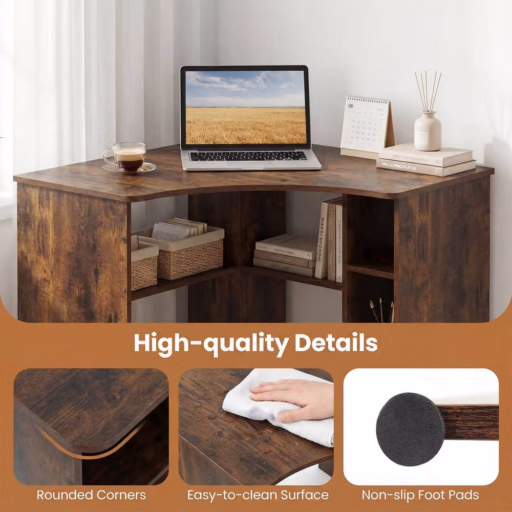 Gymax Brown Triangle Corner Computer Desk with Storage Shelves – 6