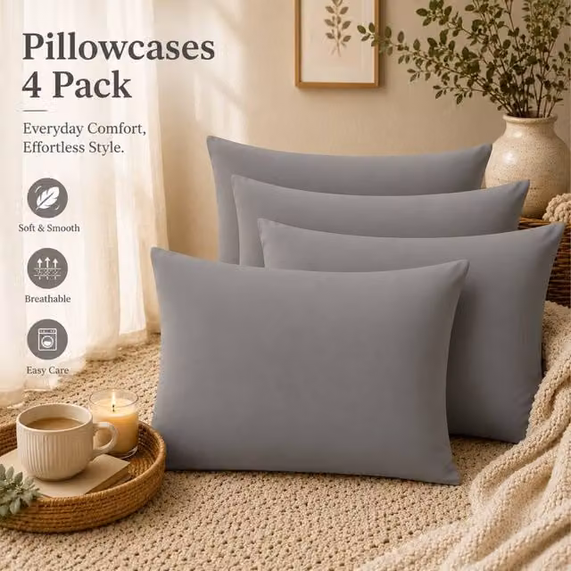 Pamposh Set of 4 Grey Mako Satin 300 Thread Count Cotton Sateen Standard Pillow Cases