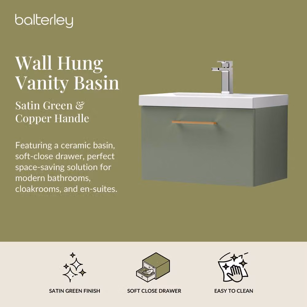 Balterley 600mm Wall Hung 1 Drawer Vanity Basin Unit in Satin Green with Copper Handle – 2
