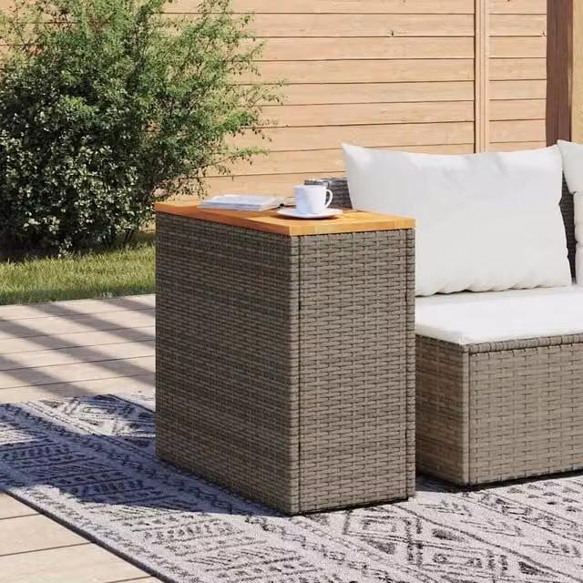 Berkfield Home Grey Poly Rattan Garden Side Table with Oiled Acacia Wood Top, W/D/H: 58 x 27.5 x 55 cm – 1