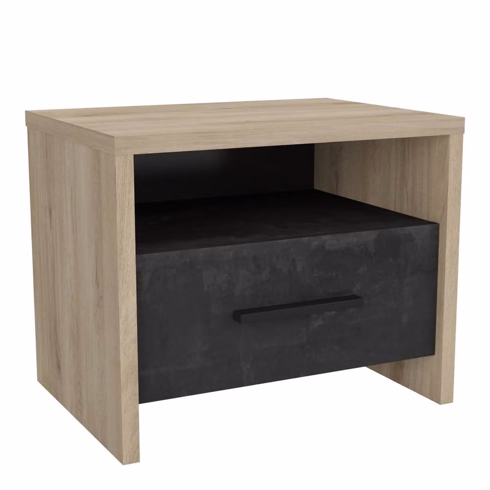 CALICOSY Bedside Table with 1 Drawer and 1 Shelf in Light Oak and Black Finish – 2