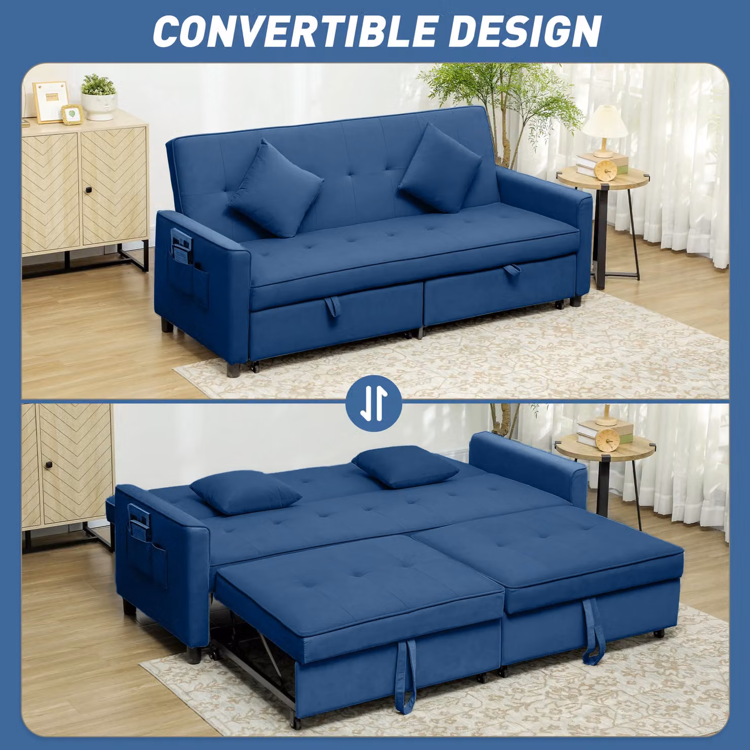 HOMCOM Reversible L-Shaped Sectional Sofa Bed in Blue Velvet Fabric with Scatter Cushions and Sleeping Function – 4