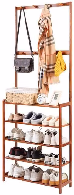 VOGREX Brown Hall Tree with Hat and Coat Stand, Shoe Rack Bench and Shelves – 1