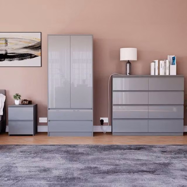 HD Designs Vida Designs Glinton 3 Piece Grey Glossy Bedroom Set