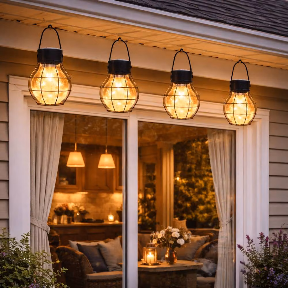 Gardenwize Pack of 4 Vintage Metal Solar LED Lanterns in Black with Warm White Light – 3