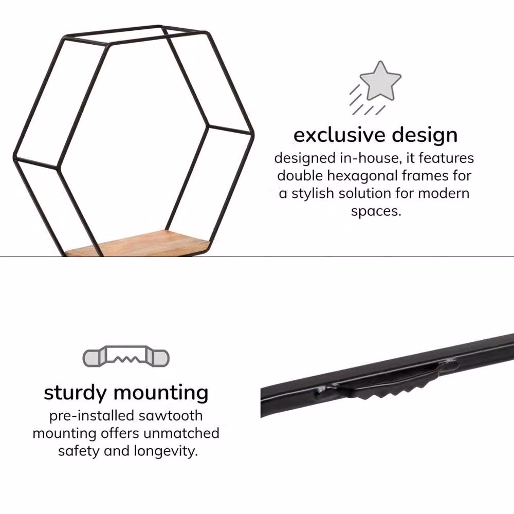 FORGEVIO Hexagon Solid Wood Wall Mounted Floating Shelves in Black – 2