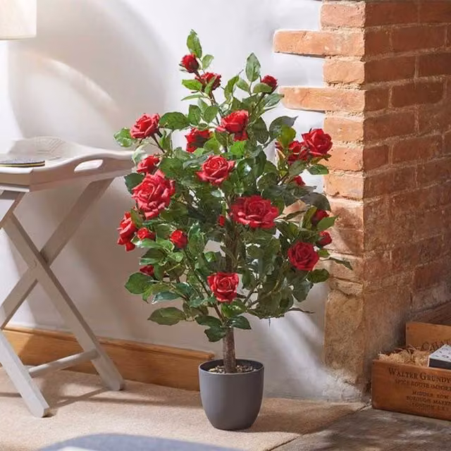 Garden Mile Artificial Red and Green Potted Rose Tabletop Plant, Height: 60 cm