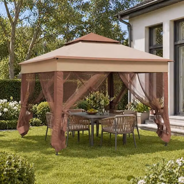 STILVORA Pop-Up Garden Gazebo with Net Curtains, Beige, W: 300 cm, D: 300 cm, H: 270 cm
