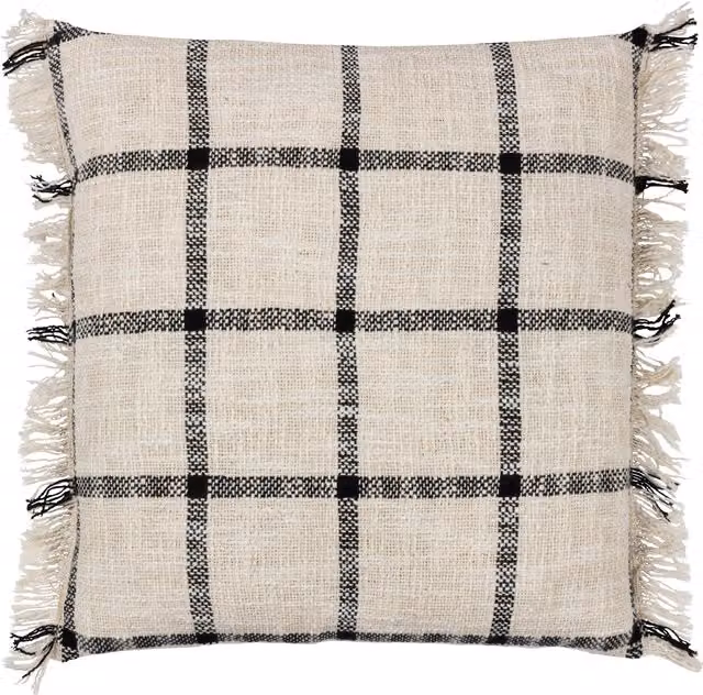 Yard Beni Checked Cotton Fringed Cushion in Black and Beige, W/D/H: 45 x 45 x 45 cm