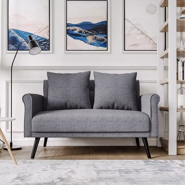 Livingandhome Mid-Century 2 Seater Fabric Sofa in Grey and Blue with Scatter Cushions