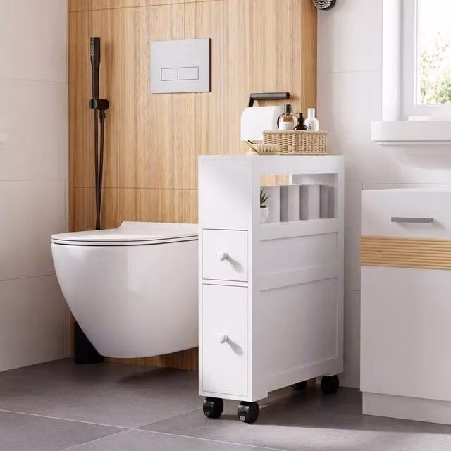 STILVORA Modern White Bathroom Storage Unit with 2 Drawers and Wheels