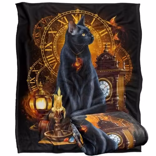 JQ Licensing En Black Cat Time Clocks Super Soft Microfibre Throw Blanket in White, W/D/H: 152 x 127 cm