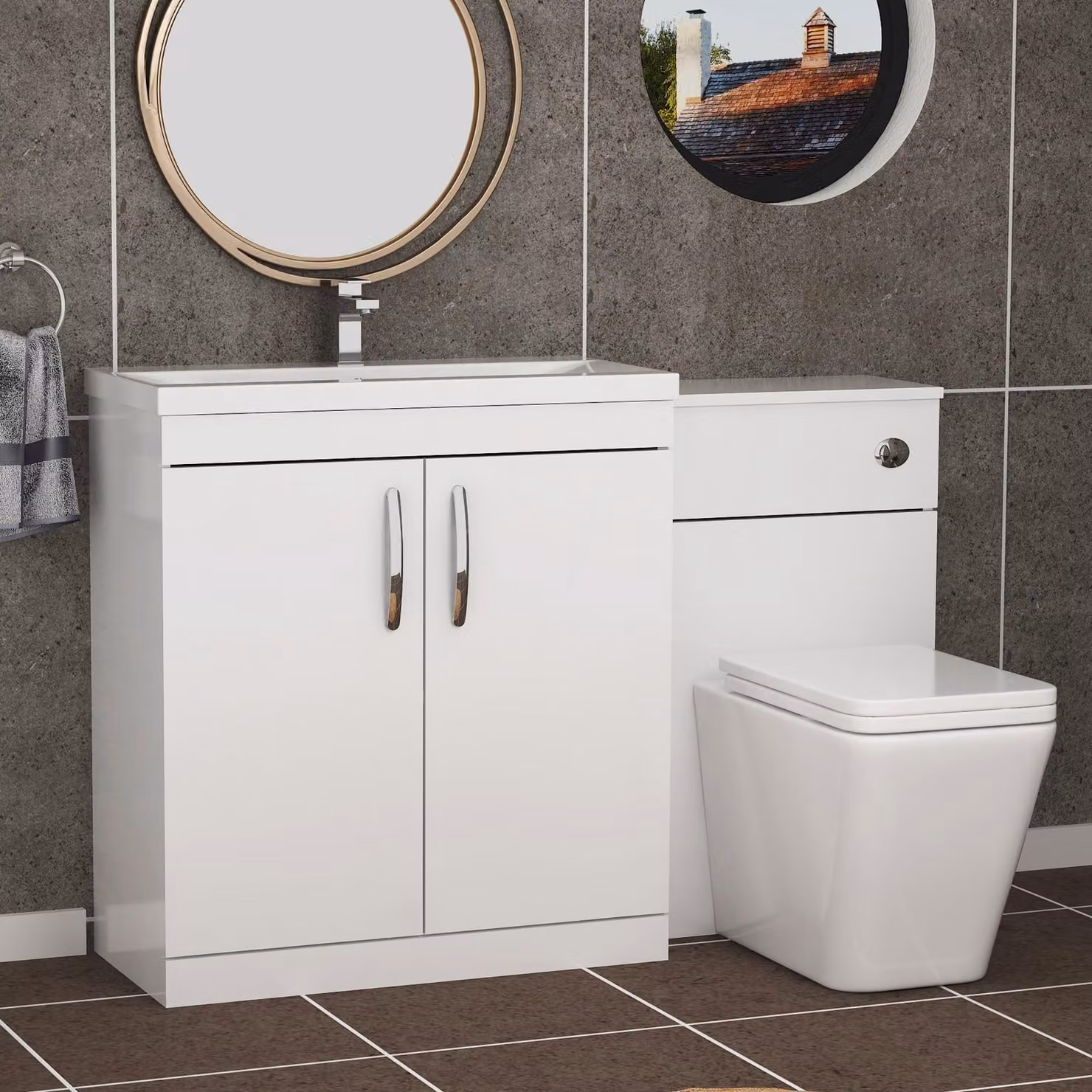 Royal Bathrooms Gloss White 1300mm 2 Door Vanity Unit with Mid Edge Basin and Slim Elena Back to Wall Toilet