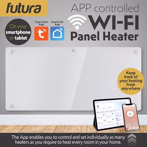 Futura 2000W WiFi Smart Glass Panel Convector Heater, White, Wall Mounted or Freestanding – 2