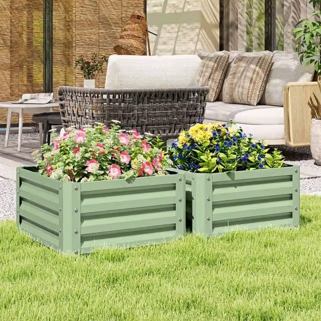 Outsunny Set of 2 Green Metal Raised Garden Beds for Vegetable Gardening