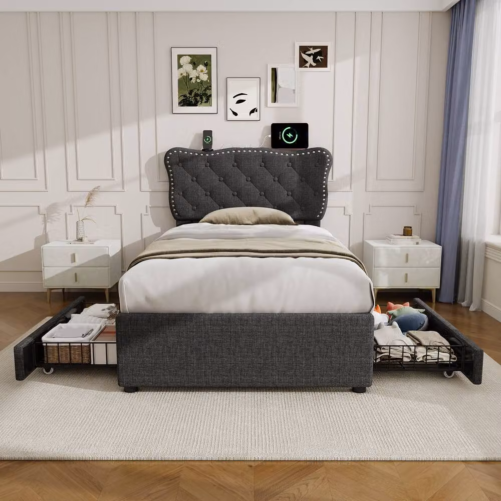 Matteo Single Upholstered Bed with USB Charging Station and Storage Drawers, Grey, W/D/H: 90 x 190 cm – 2