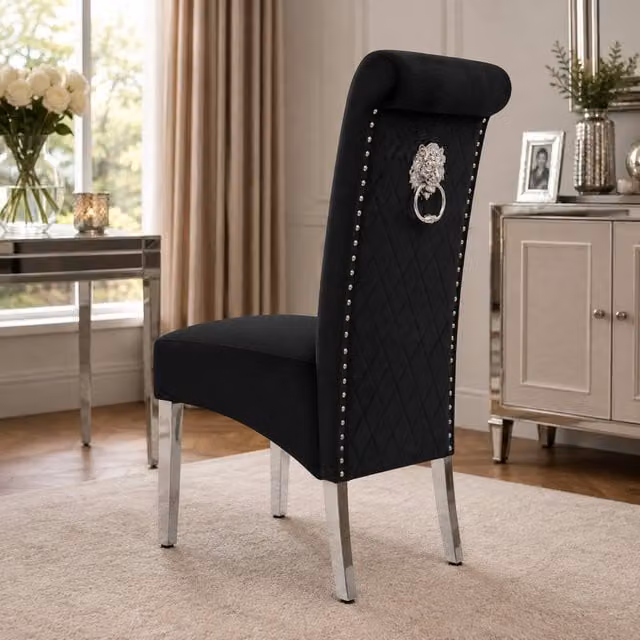 Stratus Interiors Emma Tall Velvet Lion Knocker Dining Chair in Black, H 107 cm x W 62 cm x D 46 cm – 1