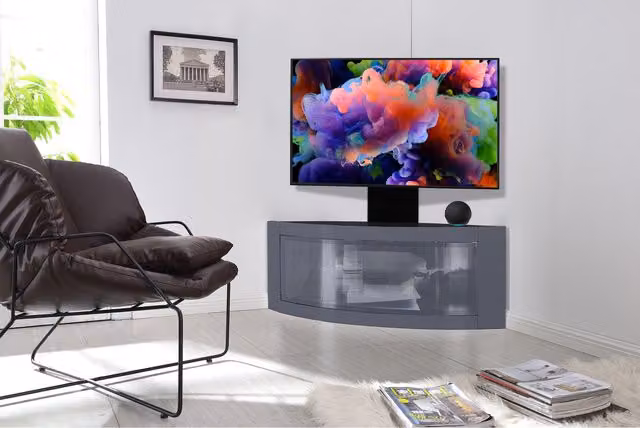 Centurion Supports Pangea Corner TV Stand with Mounting Arm in Grey and Black