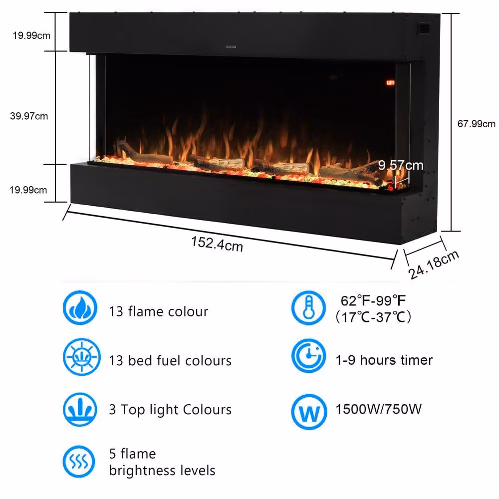 Omni-Burn 3-Side Electric Fireplace in Black with 13 Colours and 5 Brightness Settings, W/D/H: 152 x 25.34 x 68 cm – 3