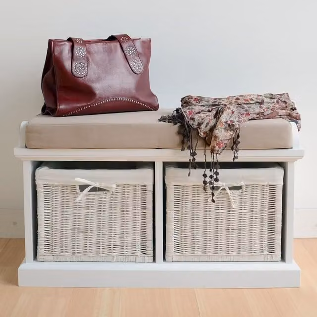 Tetbury White Bench with 2 Rattan Baskets, W/D/H: 76 x 40 x 46 cm