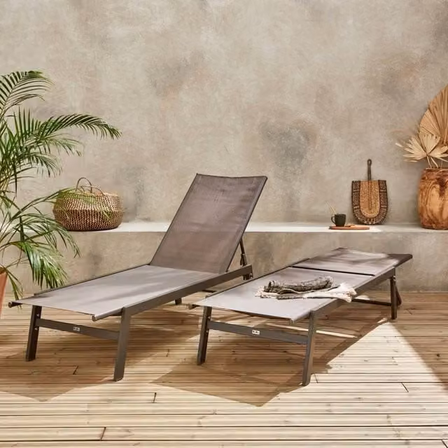 sweeek Set of 2 Multi-position Brown Textilene and Powder Coated Steel Deckchairs – 1