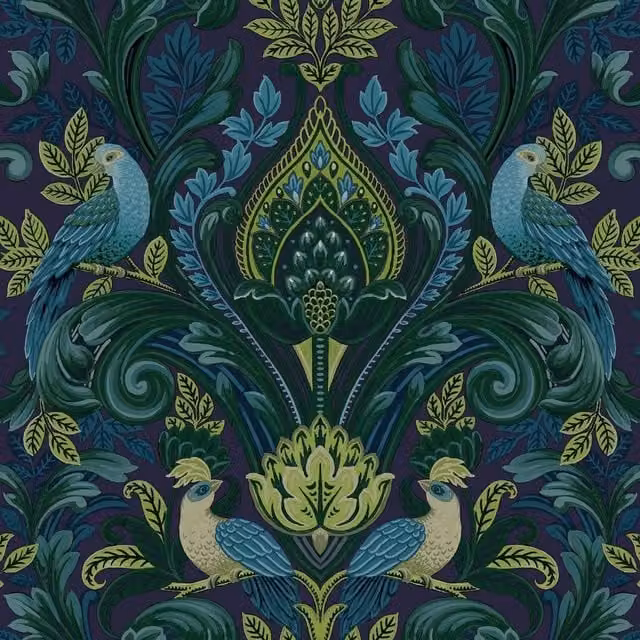 Grandeco Peacock Damask Blue Vinyl Textured Floral Wallpaper