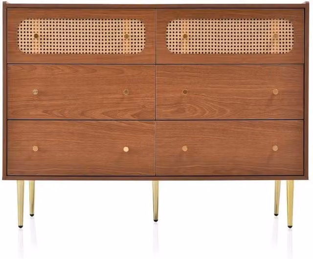 Chilli Seating Mid-Century Rattan Sideboard Storage Cabinet in Brown Walnut