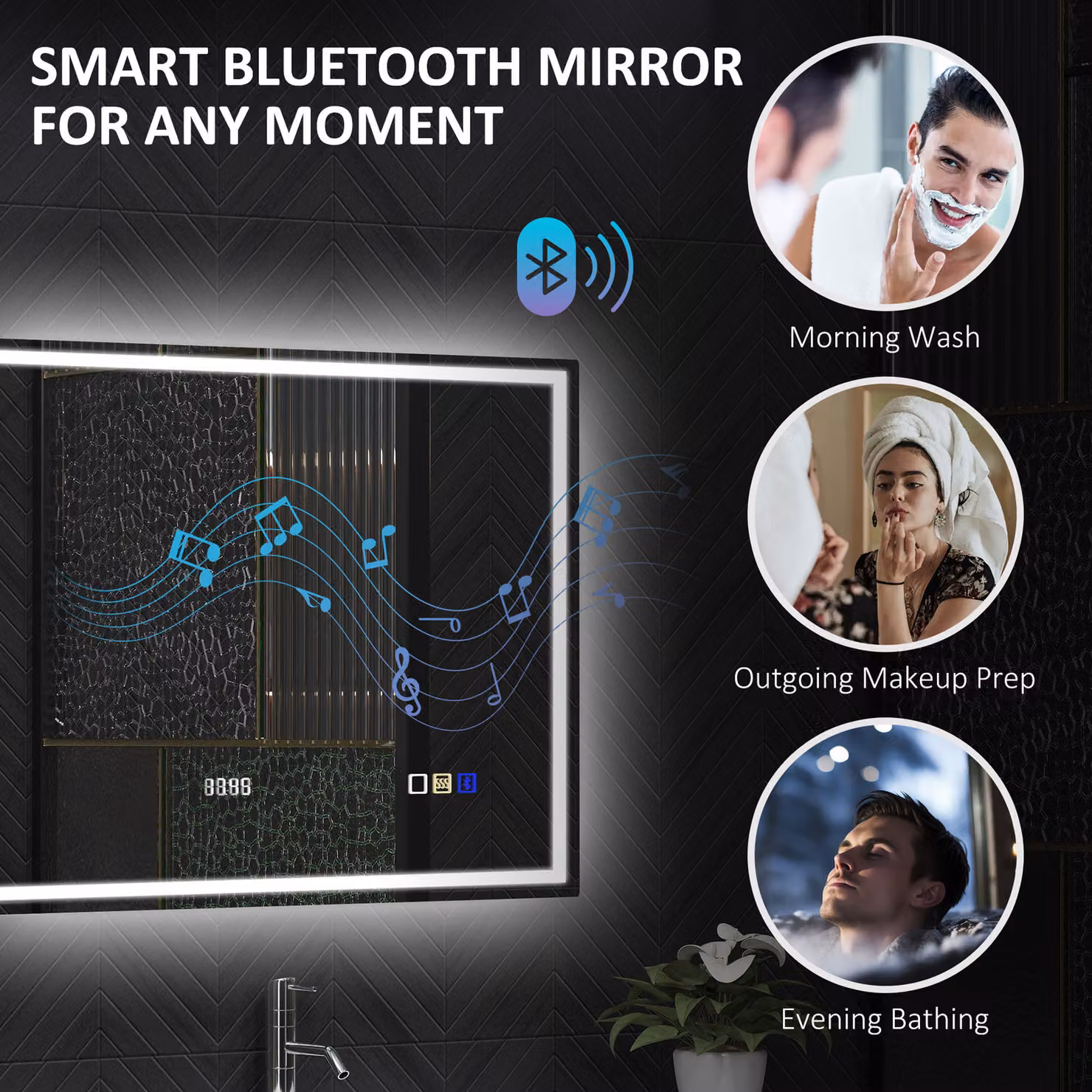 HOMCOM Silver LED Bathroom Mirror with Bluetooth, Clock and Anti-Fog Function, W: 60 cm, H: 80 cm – 5