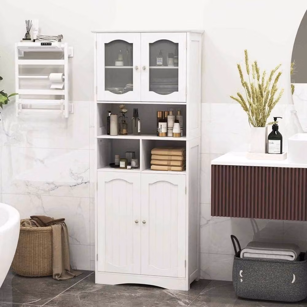 VOGREX White Narrow Freestanding Bathroom Storage Cabinet with Glass Doors and Internal Shelves – 2